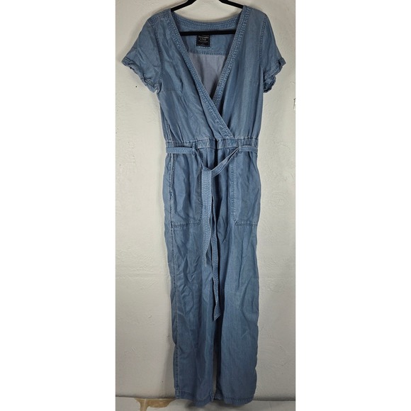 Abercrombie & Fitch Jumpsuit Chambray Belted Short Sleeve Blue Women's L Y2k 90s - Picture 2 of 11